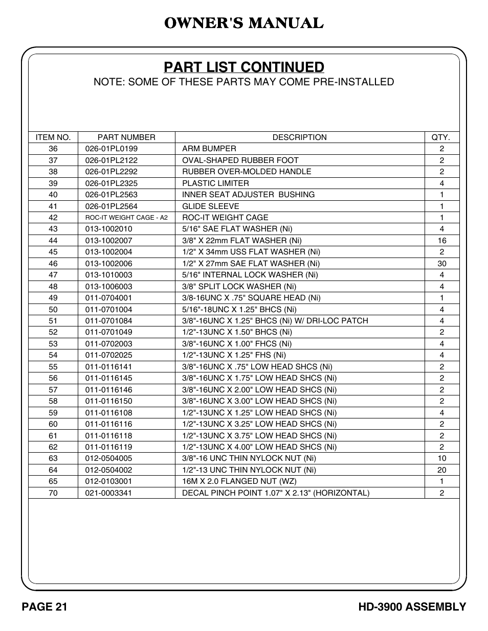 Part list continued owner's manual | Hoist Fitness HD-3900 User Manual | Page 22 / 37