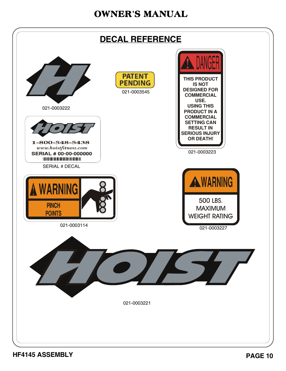 Owner's manual, Decal reference, 500 lbs. maximum weight rating | Hoist Fitness HF4145 User Manual | Page 11 / 15
