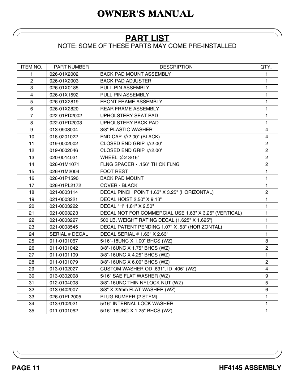 Owner's manual, Part list, Hf4145 assembly | Page 11 | Hoist Fitness HF4145 User Manual | Page 12 / 15
