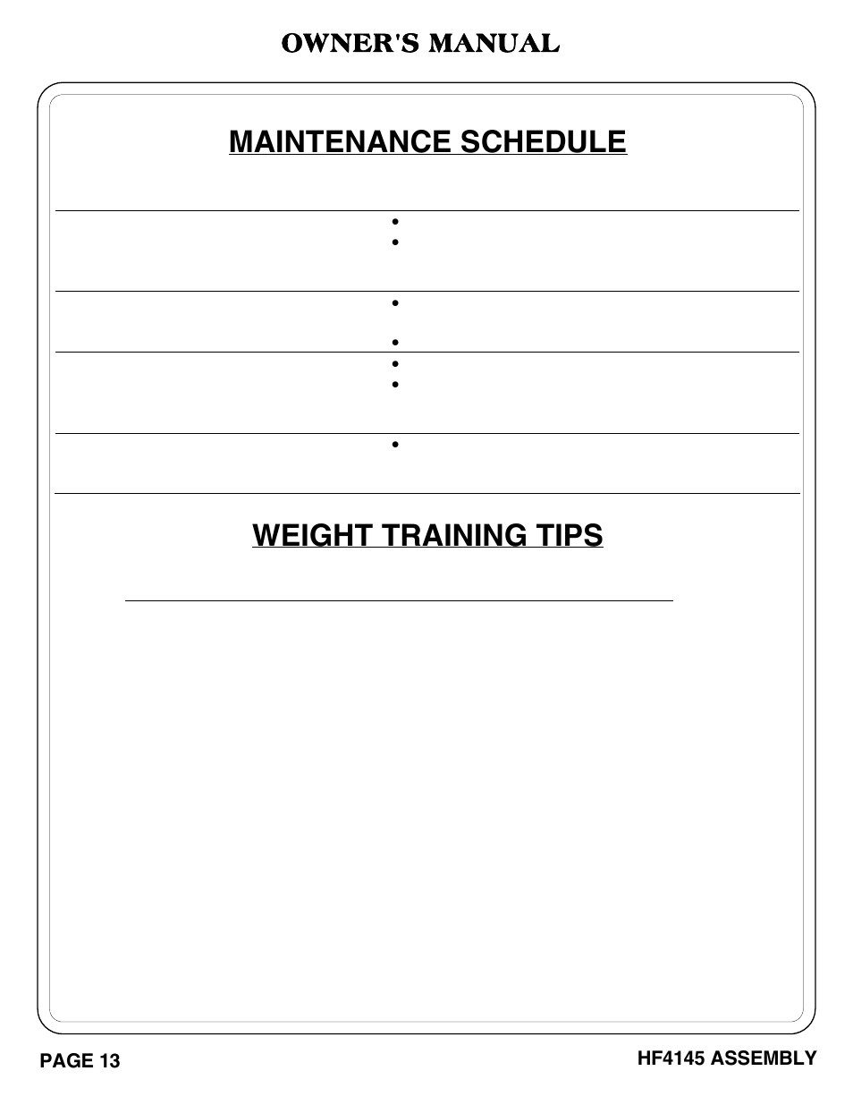 Maintenance schedule, Weight training tips, Owner's manual | Hoist Fitness HF4145 User Manual | Page 14 / 15