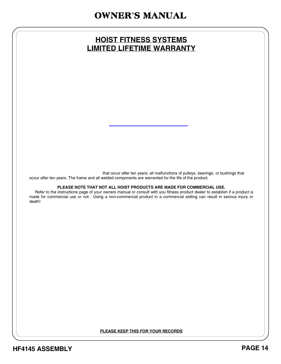 Owner's manual, Hoist fitness systems limited lifetime warranty | Hoist Fitness HF4145 User Manual | Page 15 / 15