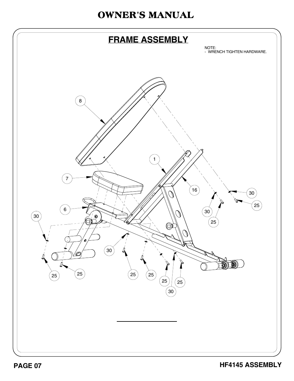 Important, Owner's manual, Frame assembly | Hoist Fitness HF4145 User Manual | Page 8 / 15