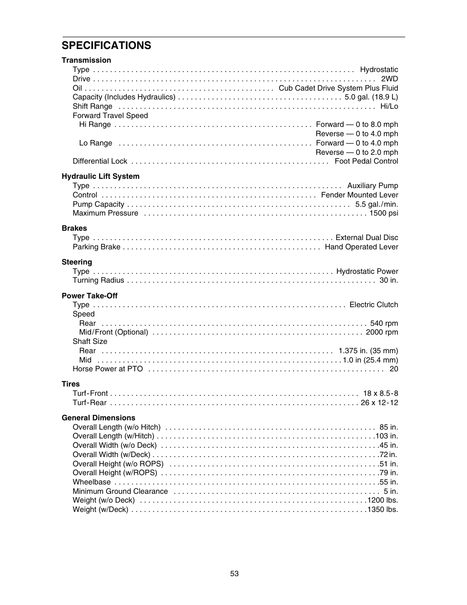 Specifications | Cub Cadet TRACTOR 5252 User Manual | Page 53 / 56