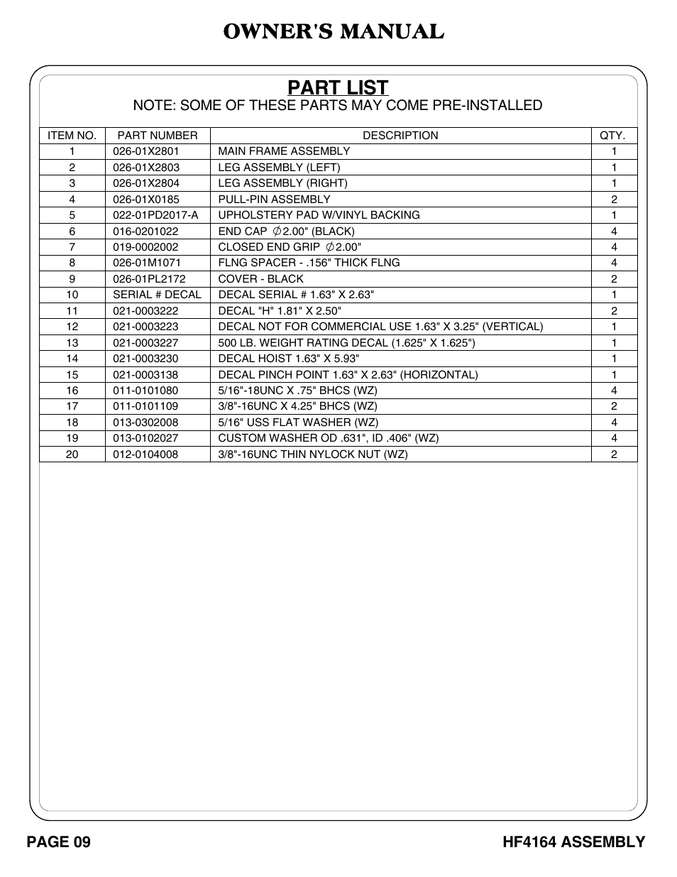 Owner's manual, Part list, Page 09 | Hf4164 assembly | Hoist Fitness HF4164 User Manual | Page 10 / 13