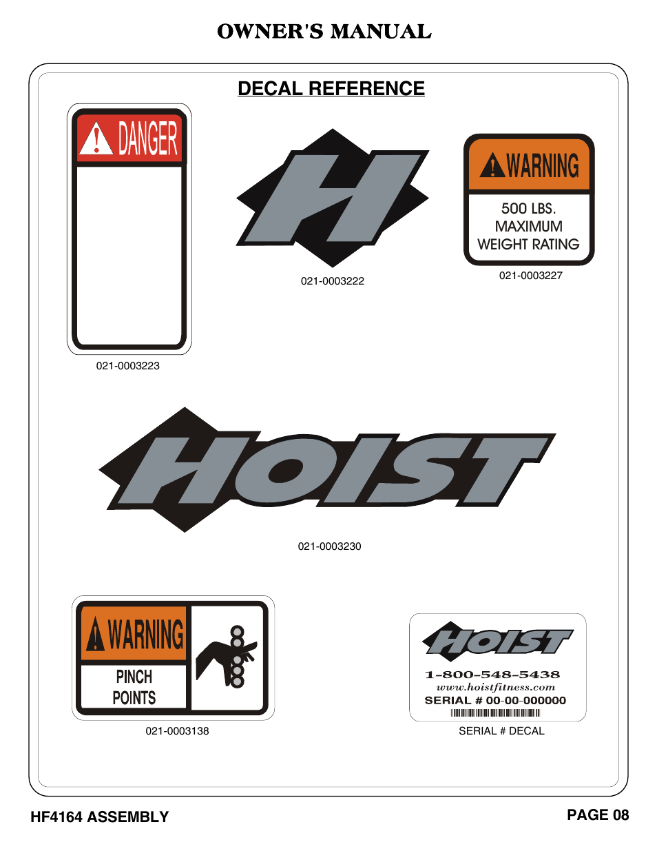 Owner's manual, Decal reference | Hoist Fitness HF4164 User Manual | Page 9 / 13