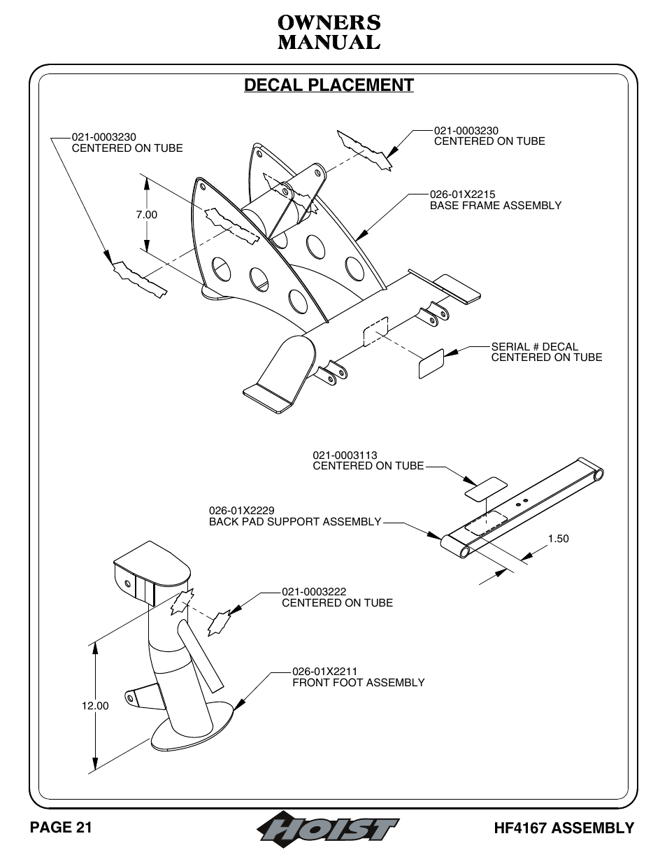 Manual, Manual owners owners owners owners, Decal placement | Hoist Fitness HF4167 User Manual | Page 22 / 37