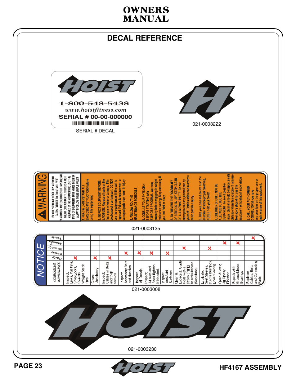 Manual, Manual owners owners owners owners, No t ic e | Hoist Fitness HF4167 User Manual | Page 24 / 37