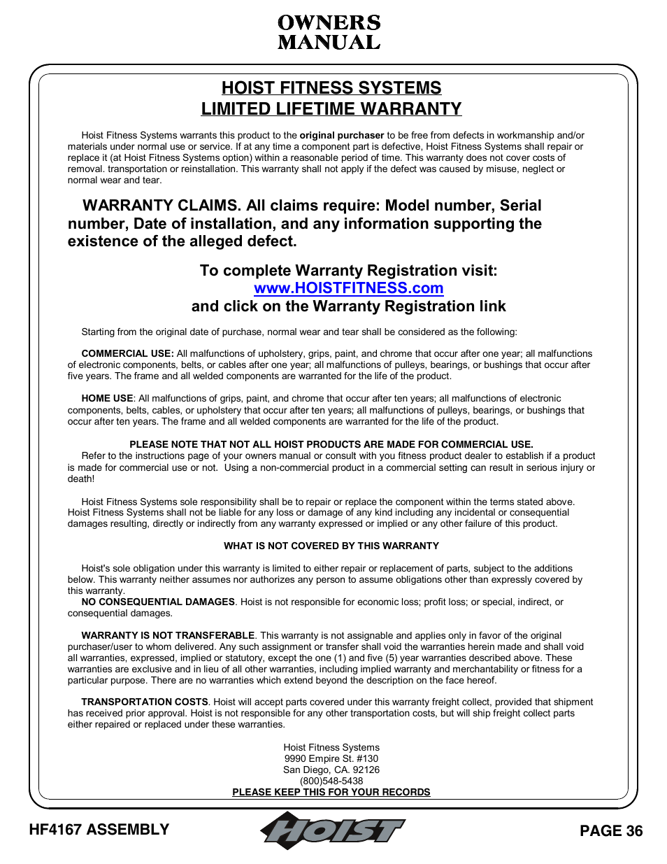 Manual, Manual owners owners owners owners, Hoist fitness systems limited lifetime warranty | Hoist Fitness HF4167 User Manual | Page 37 / 37