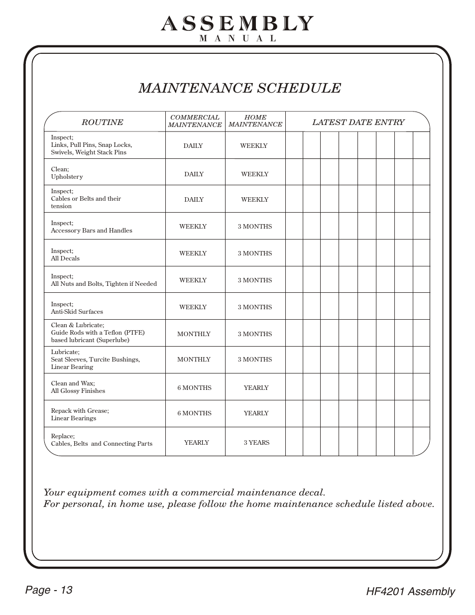 Maintenance schedule | Hoist Fitness HF4201 User Manual | Page 14 / 17
