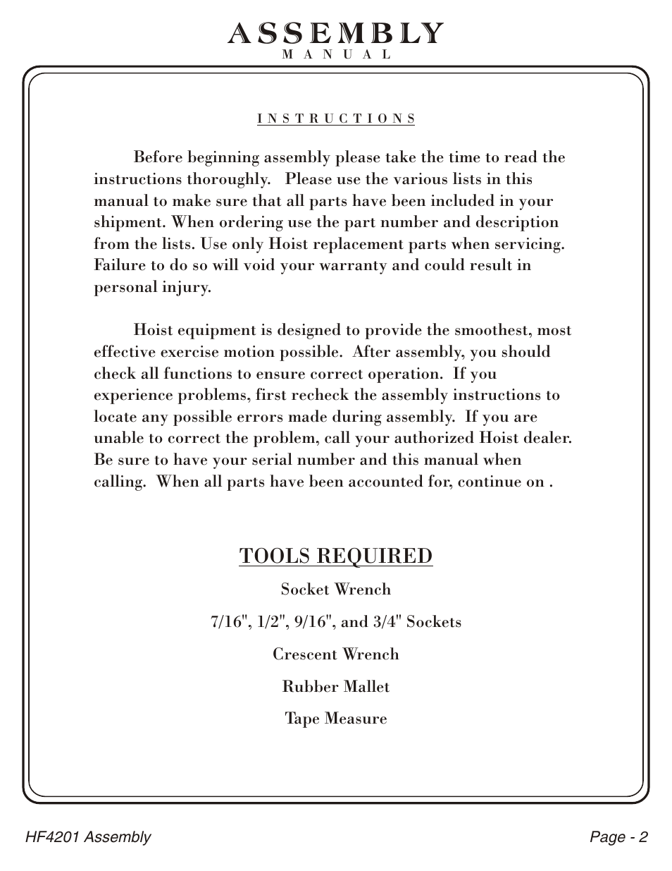 Tools required | Hoist Fitness HF4201 User Manual | Page 3 / 17