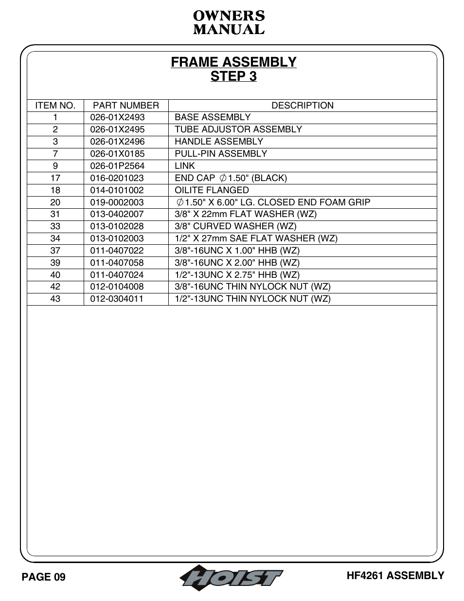 Frame assembly step 3, Manual, Manual owners owners owners owners | Hoist Fitness HF4261 User Manual | Page 10 / 23