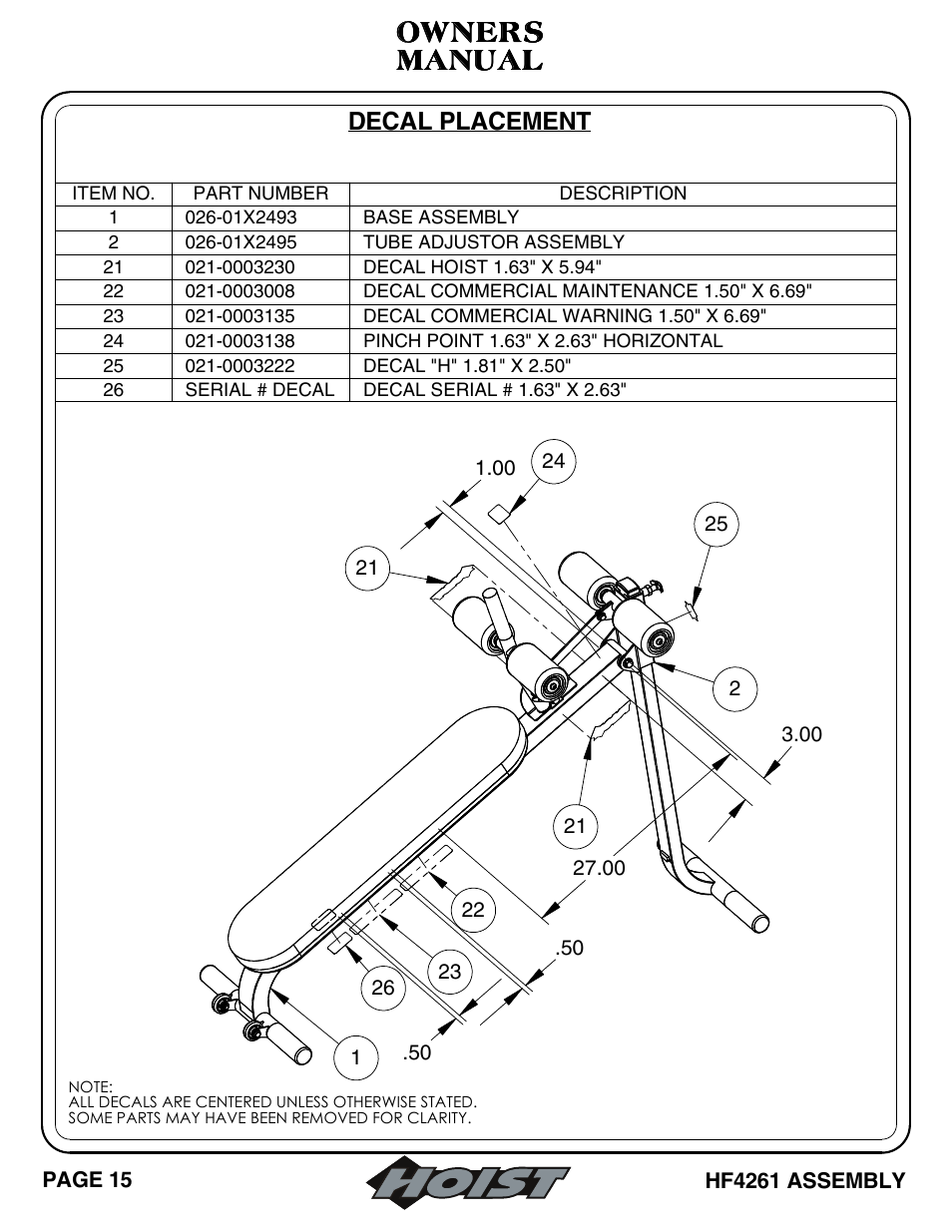 Owners, Owners manual manual manual manual, Decal placement | Hoist Fitness HF4261 User Manual | Page 16 / 23