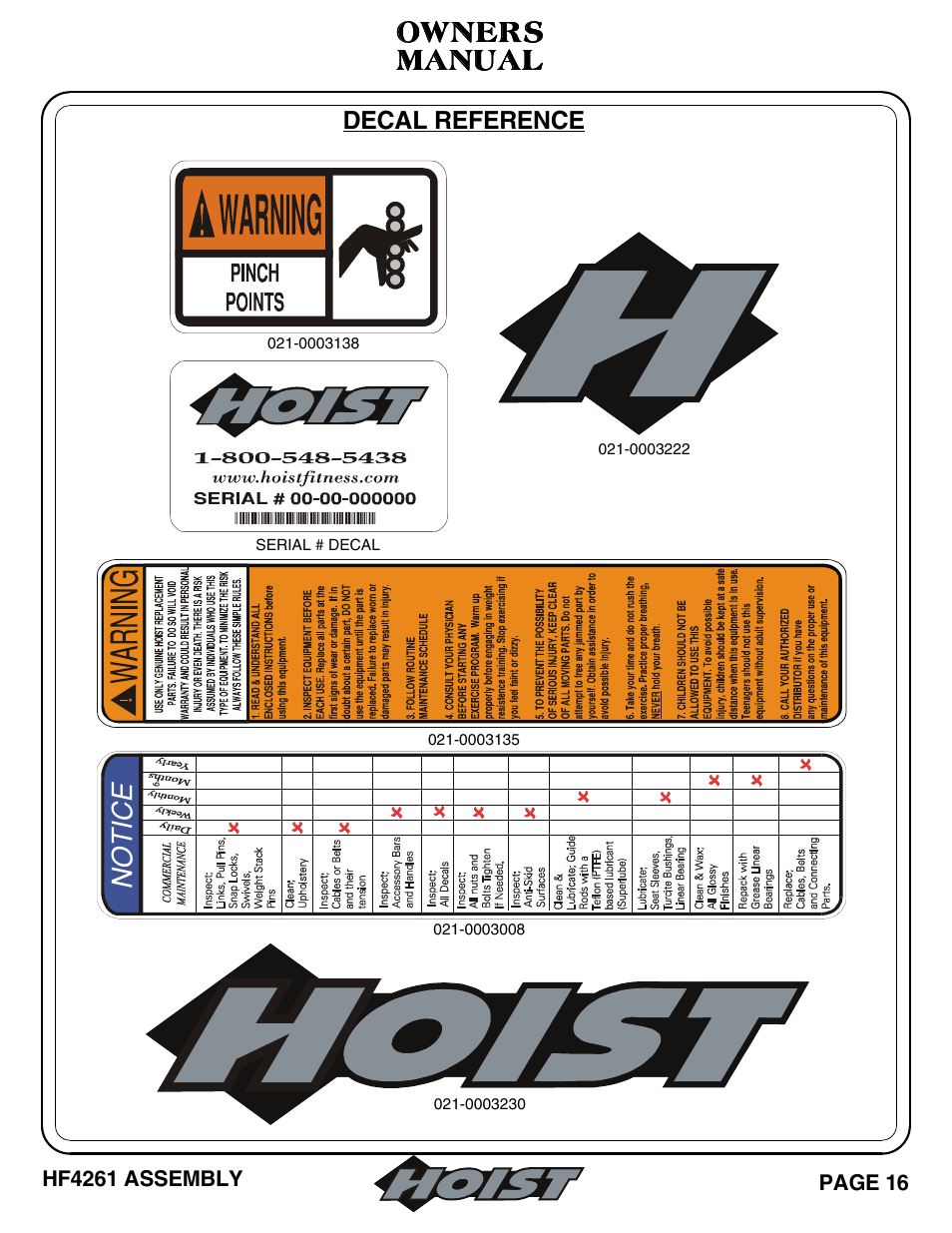 Owners, Manual, No t ic e | Hoist Fitness HF4261 User Manual | Page 17 / 23