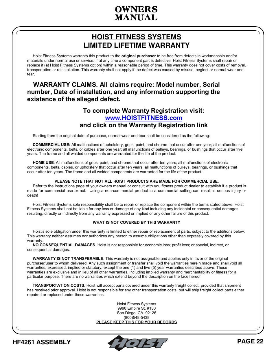 Manual, Manual owners owners owners owners, Hoist fitness systems limited lifetime warranty | Hoist Fitness HF4261 User Manual | Page 23 / 23