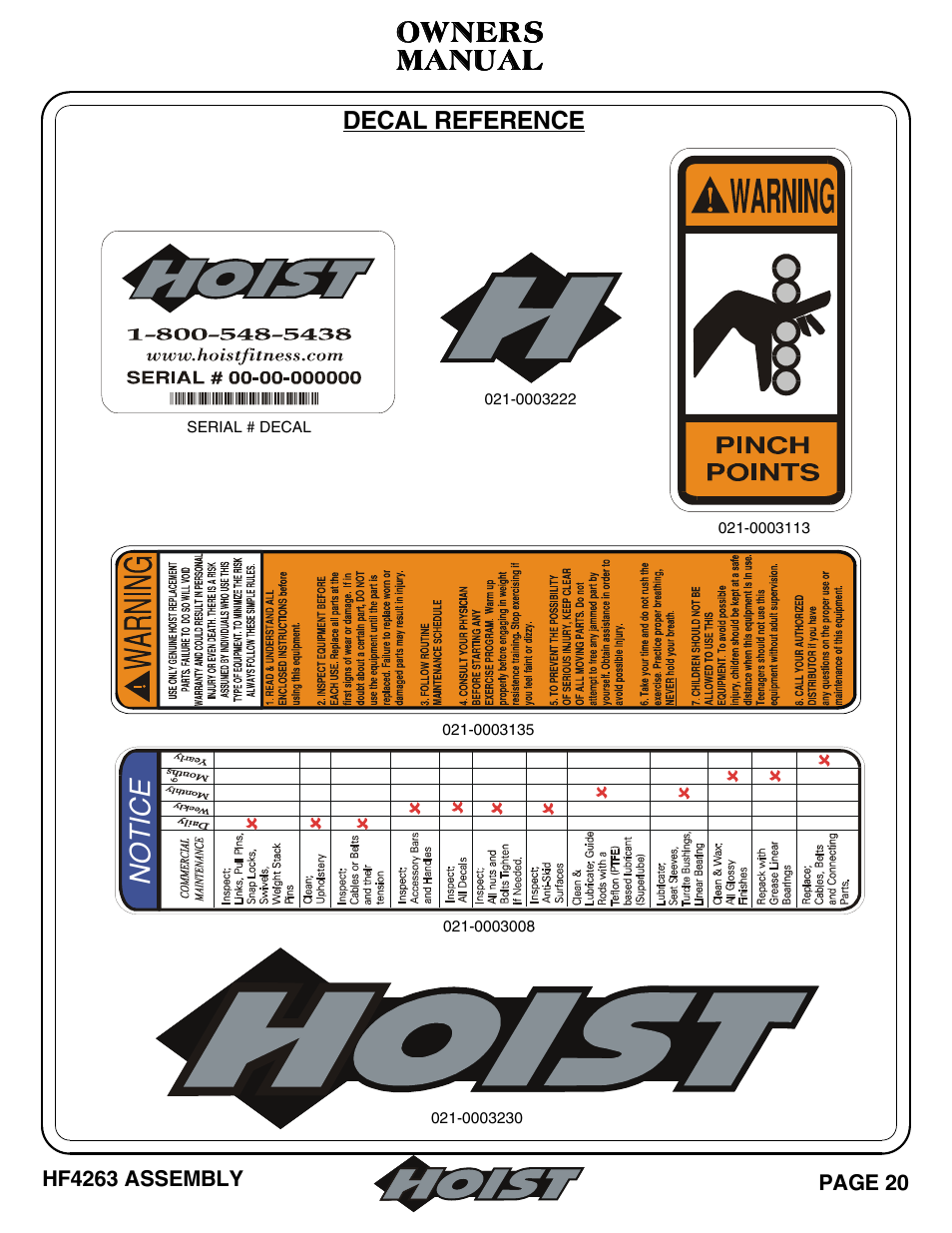 Manual, Manual owners owners owners owners, No t ic e | Hoist Fitness HF4263 User Manual | Page 21 / 25