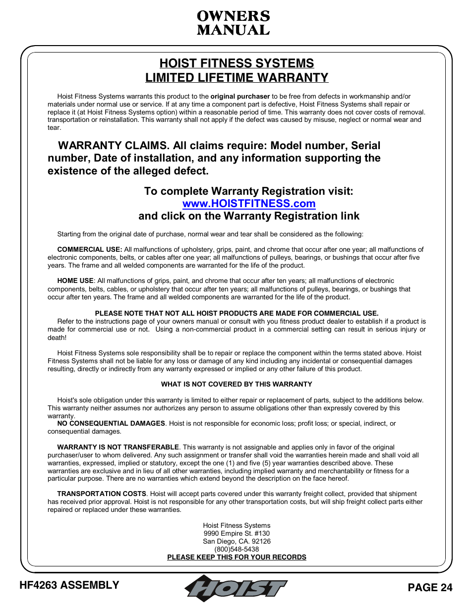 Manual, Manual owners owners owners owners, Hoist fitness systems limited lifetime warranty | Hoist Fitness HF4263 User Manual | Page 25 / 25