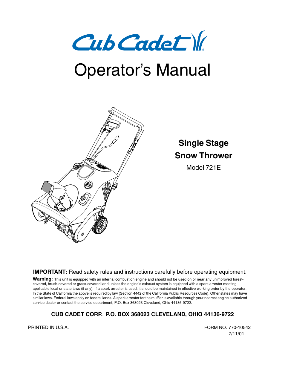 Cub Cadet 721E User Manual | 16 pages