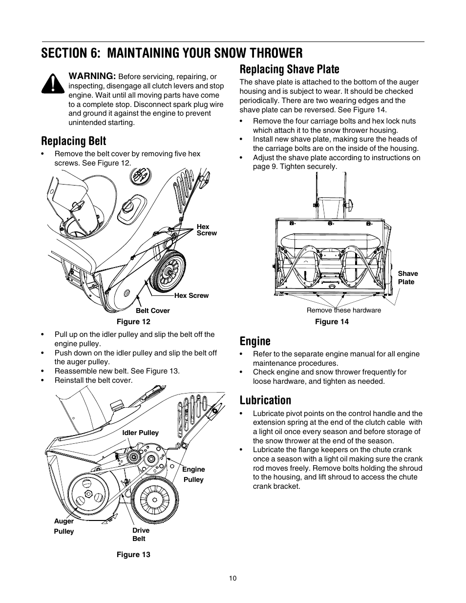 Replacing belt, Replacing shave plate, Engine | Lubrication | Cub Cadet 721E User Manual | Page 10 / 16