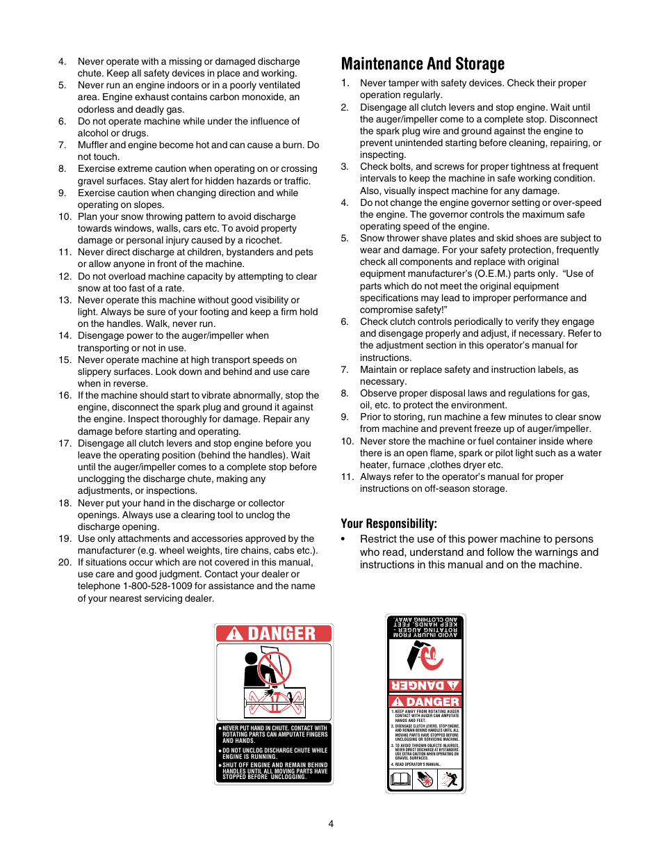 Danger, Maintenance and storage, Your responsibility | Cub Cadet 721E User Manual | Page 4 / 16