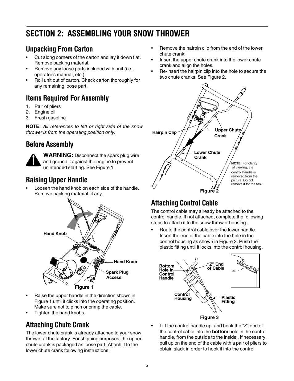 Unpacking from carton, Items required for assembly, Before assembly raising upper handle | Attaching chute crank, Attaching control cable | Cub Cadet 721E User Manual | Page 5 / 16