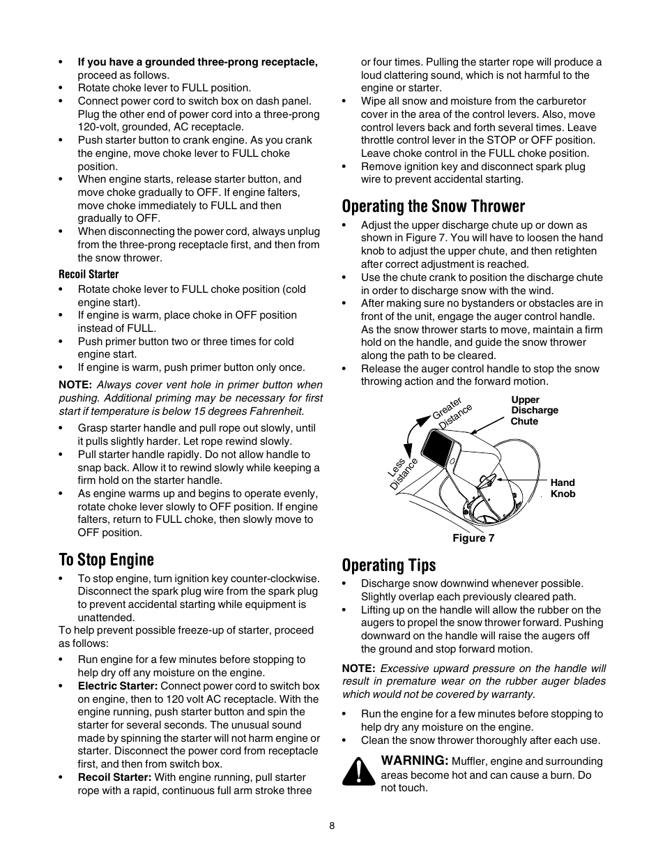 Operating the snow thrower, Operating tips | Cub Cadet 721E User Manual | Page 8 / 16