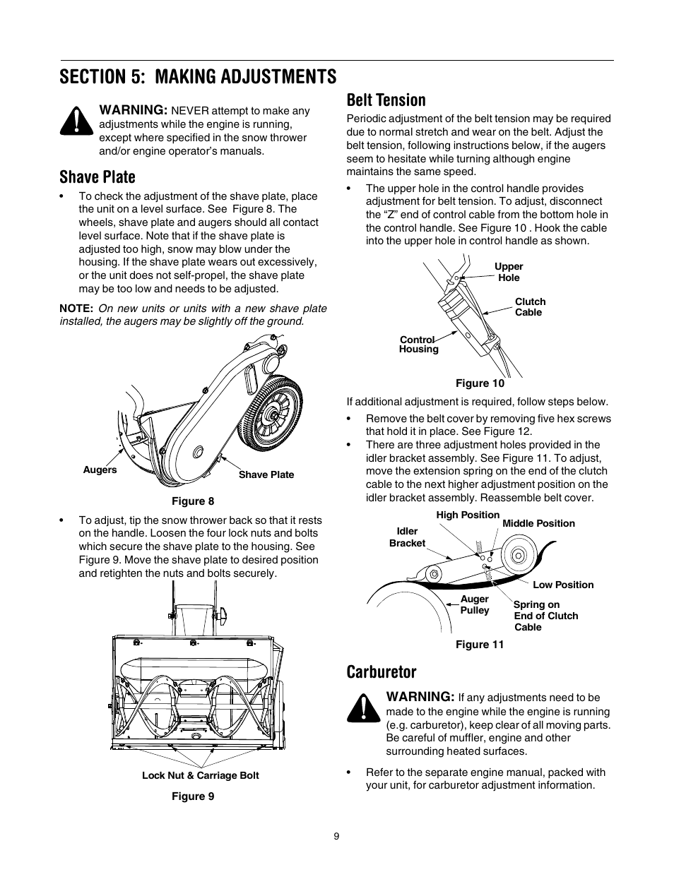 Shave plate, Belt tension, Carburetor | Cub Cadet 721E User Manual | Page 9 / 16