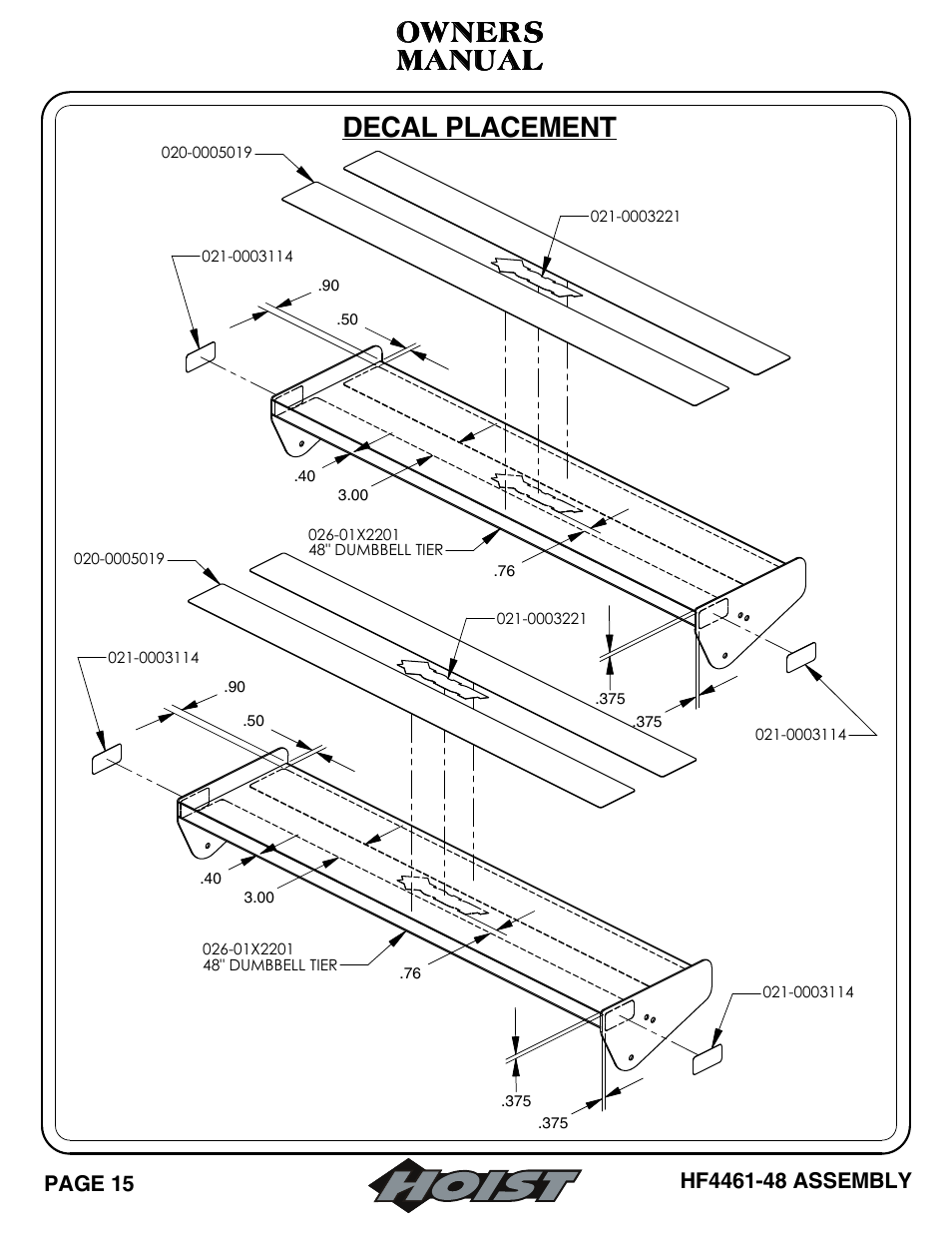 Decal placement, Manual, Manual owners owners owners owners | Hoist Fitness HF4461-48 User Manual | Page 16 / 31