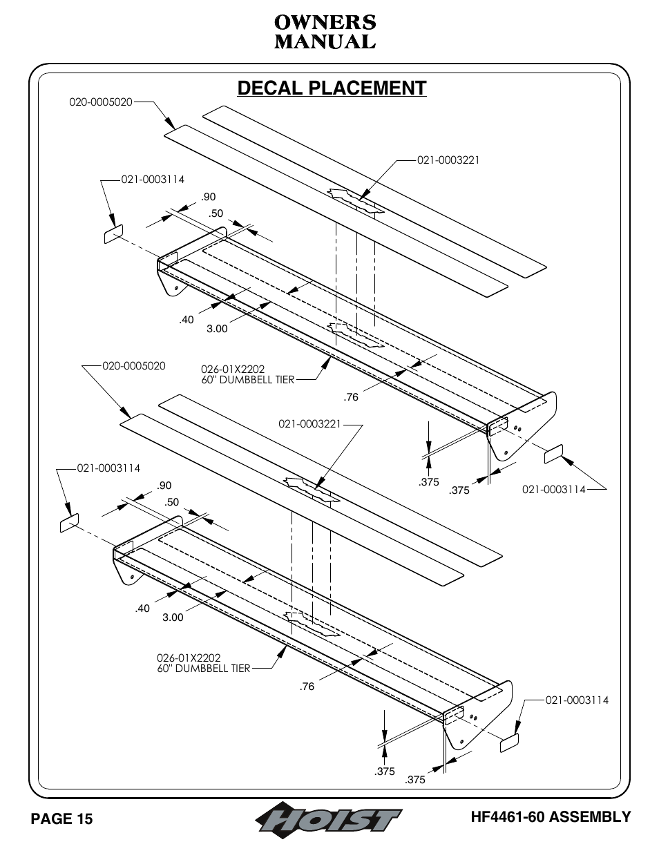 Decal placement, Manual, Manual owners owners owners owners | Hoist Fitness HF4461-60 User Manual | Page 16 / 31