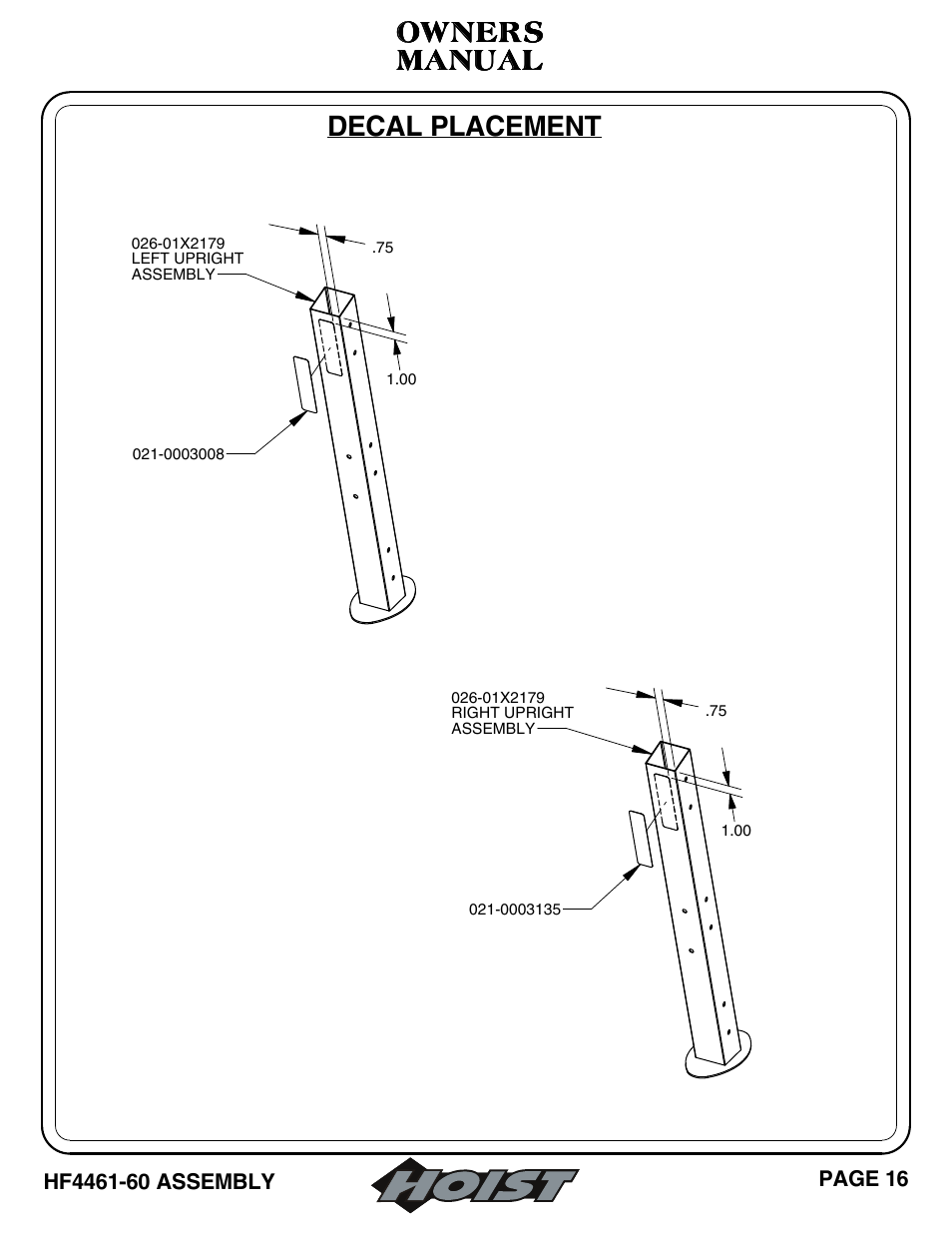 Manual, Manual owners owners owners owners, Decal placement | Hoist Fitness HF4461-60 User Manual | Page 17 / 31