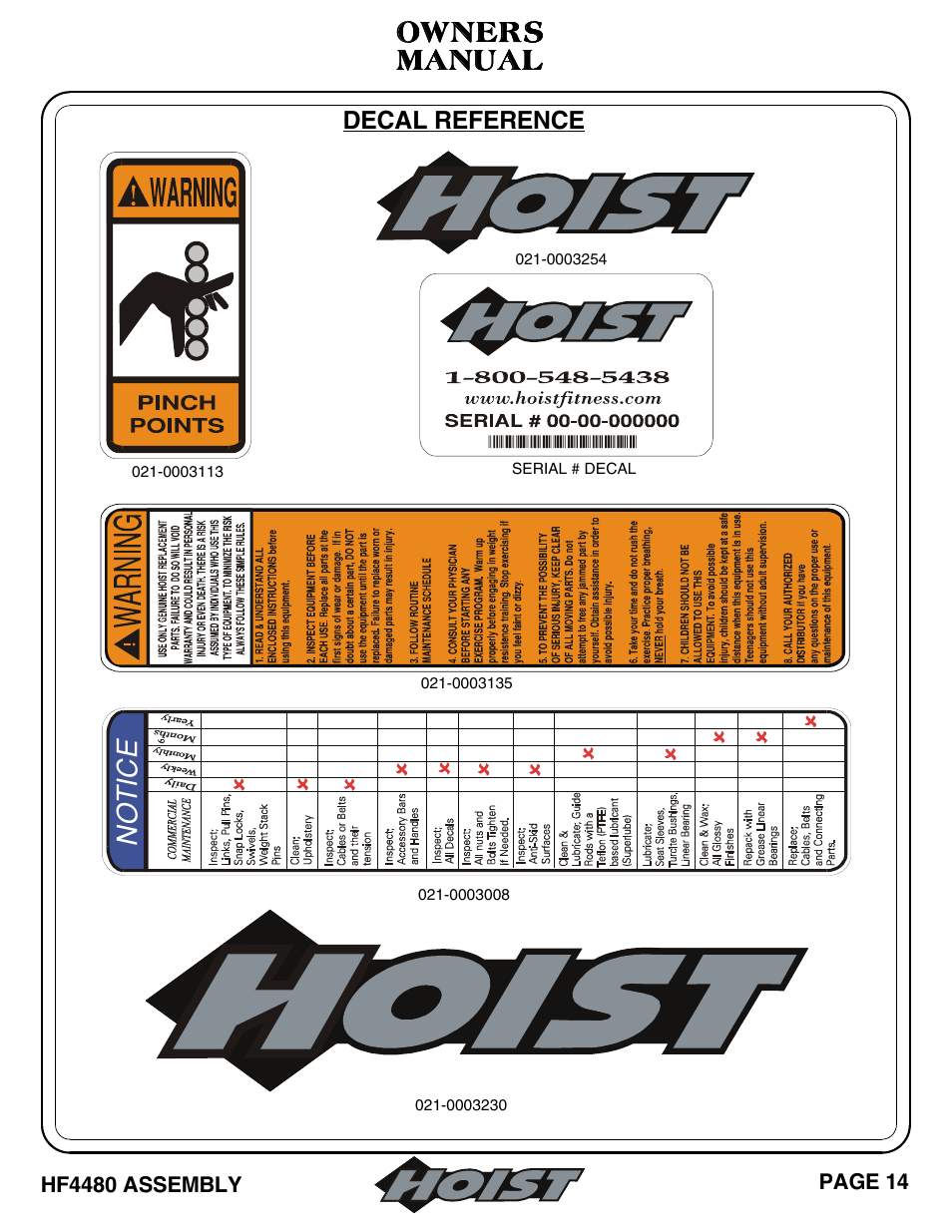 Manual, Manual owners owners owners owners, No t ic e | Hoist Fitness HF4480 User Manual | Page 15 / 27