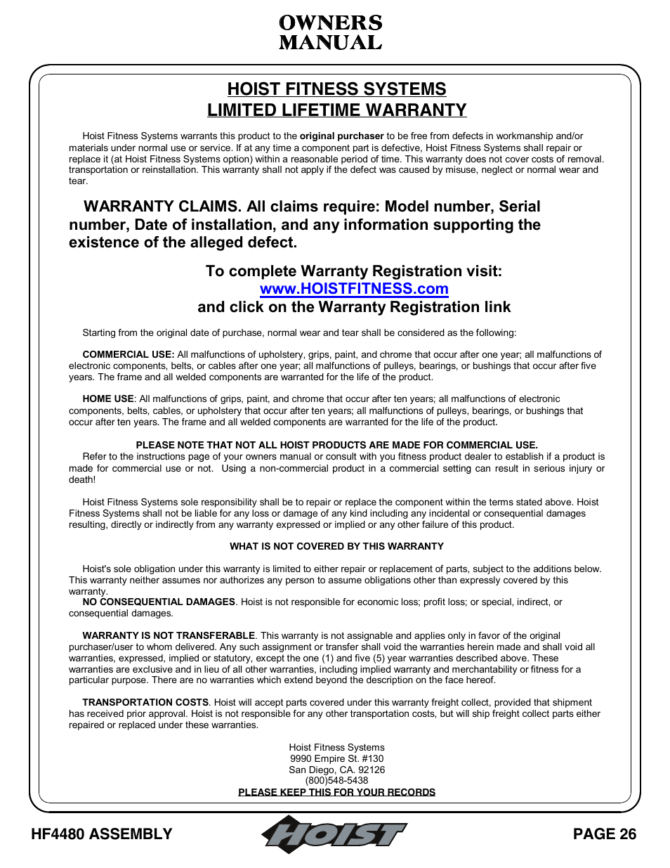 Manual, Manual owners owners owners owners, Hoist fitness systems limited lifetime warranty | Hoist Fitness HF4480 User Manual | Page 27 / 27