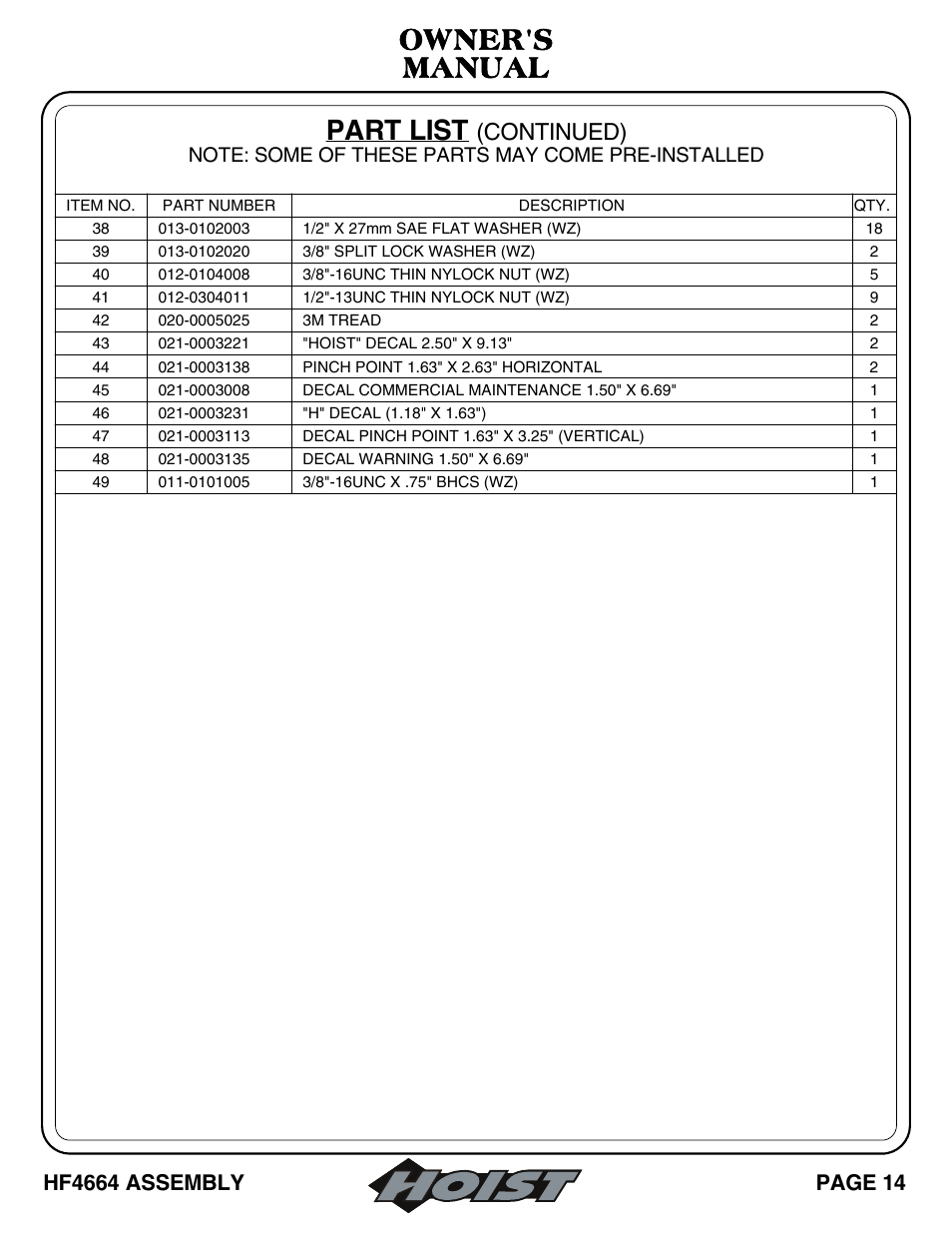 Part list, Owner's manual, Continued) | Hoist Fitness HF4664 User Manual | Page 15 / 27