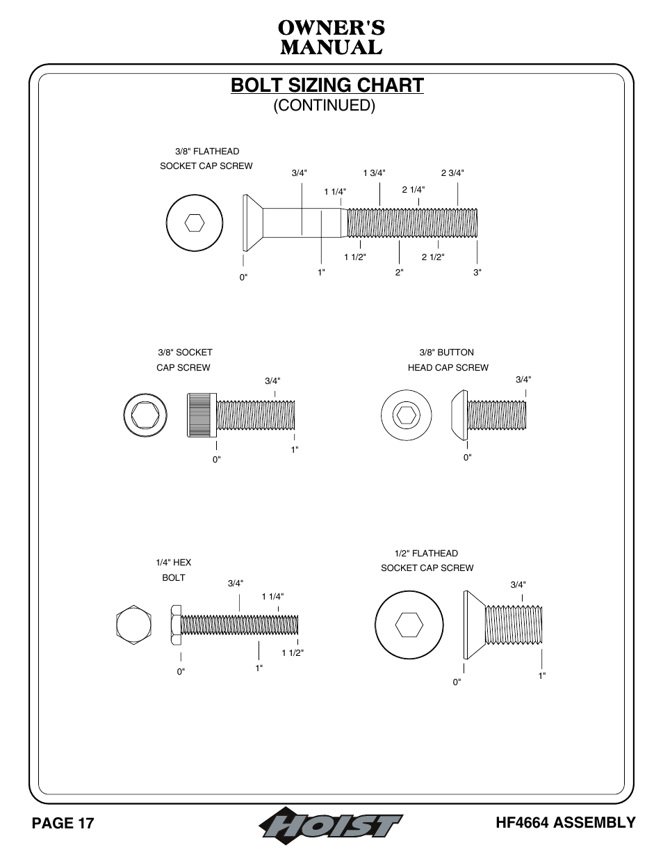 Owner's manual, Bolt sizing chart, Continued) | Hoist Fitness HF4664 User Manual | Page 18 / 27