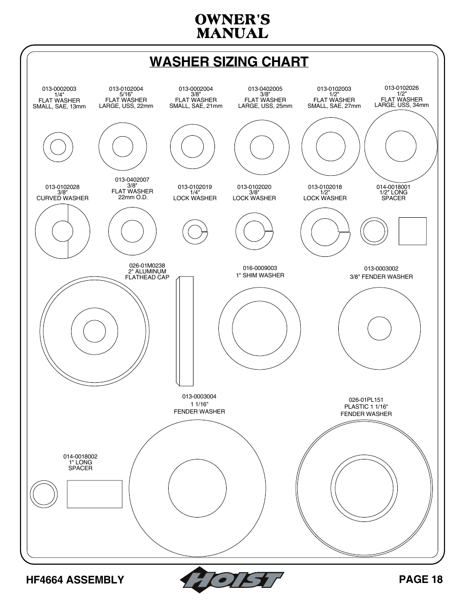 Owner's manual, Washer sizing chart | Hoist Fitness HF4664 User Manual | Page 19 / 27