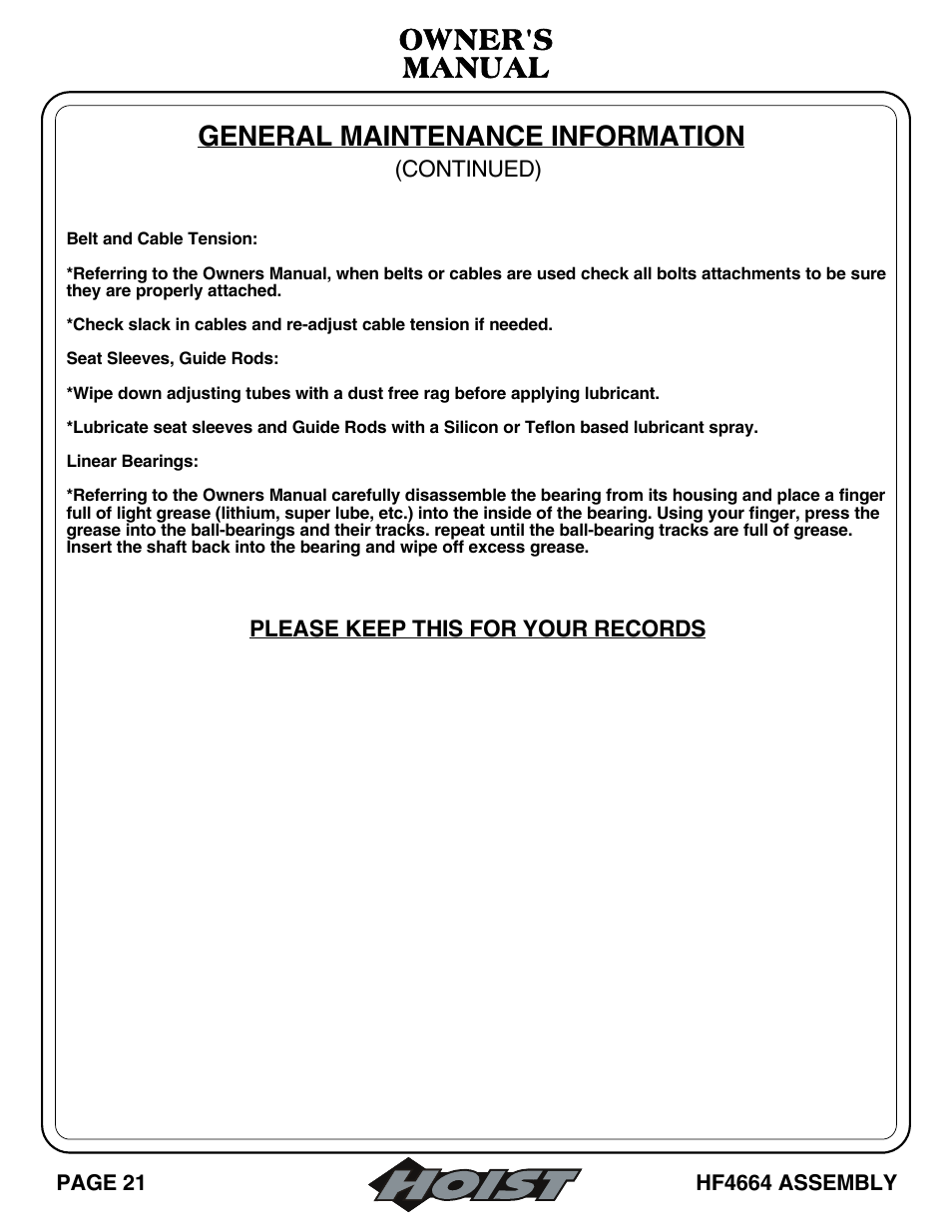 Owner's manual, General maintenance information | Hoist Fitness HF4664 User Manual | Page 22 / 27