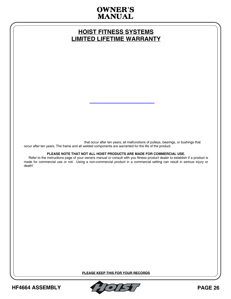 Owner's manual, Hoist fitness systems limited lifetime warranty | Hoist Fitness HF4664 User Manual | Page 27 / 27