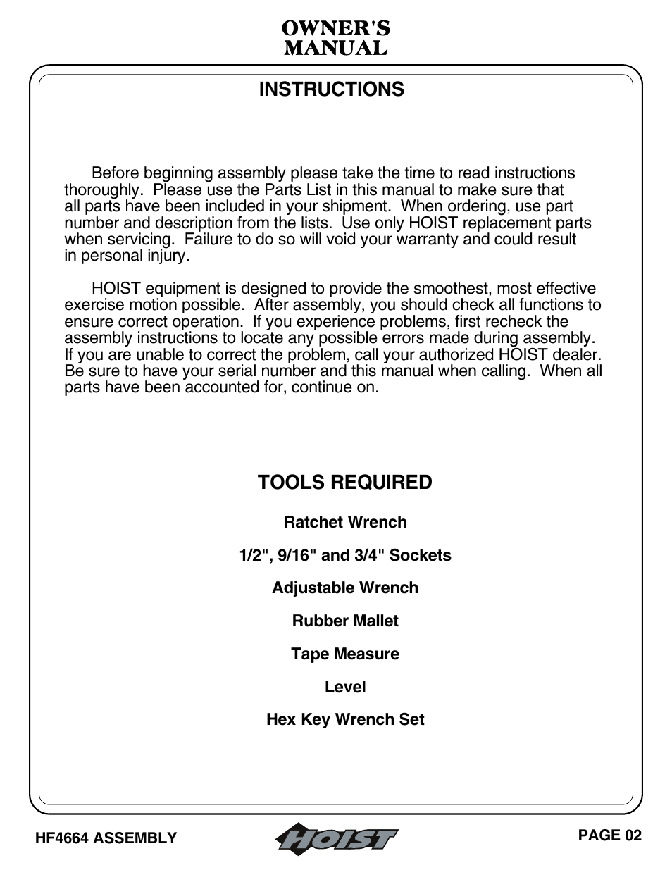 Tools required, Instructions owner's manual | Hoist Fitness HF4664 User Manual | Page 3 / 27