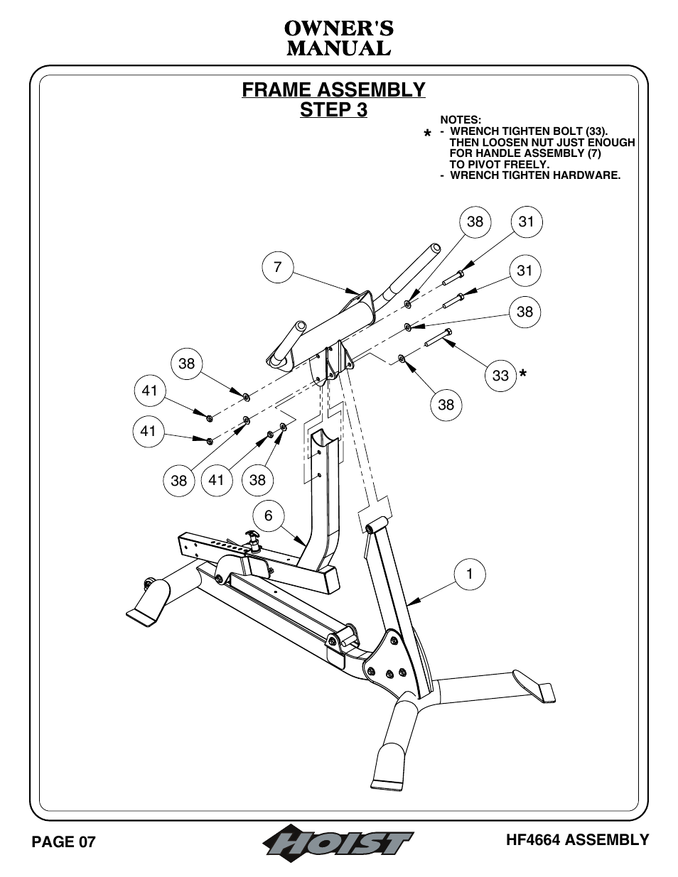 Frame assembly step 3, Owner's manual | Hoist Fitness HF4664 User Manual | Page 8 / 27