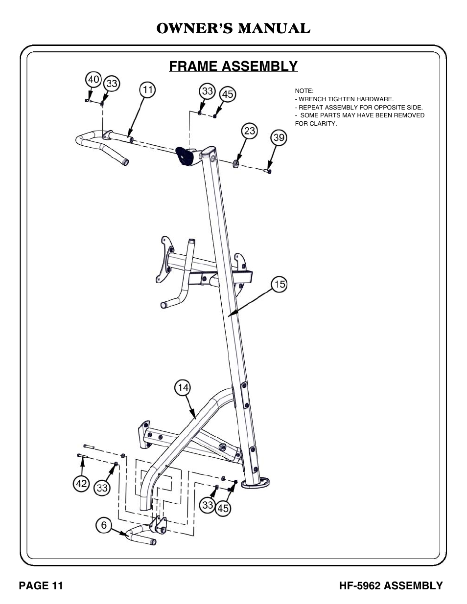 Owner’s manual, Frame assembly | Hoist Fitness HF-5962 User Manual | Page 12 / 36