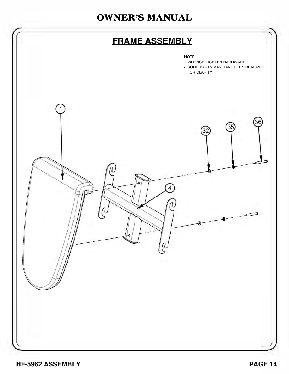 Owner’s manual frame assembly | Hoist Fitness HF-5962 User Manual | Page 15 / 36