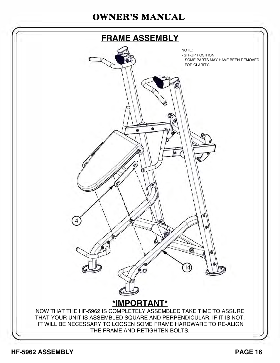 Frame assembly, Owner’s manual, Important | Hoist Fitness HF-5962 User Manual | Page 17 / 36