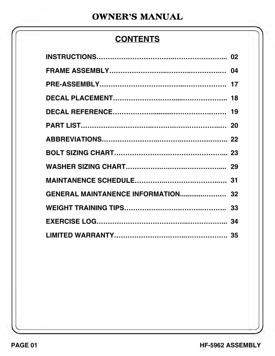 Contents owner’s manual | Hoist Fitness HF-5962 User Manual | Page 2 / 36