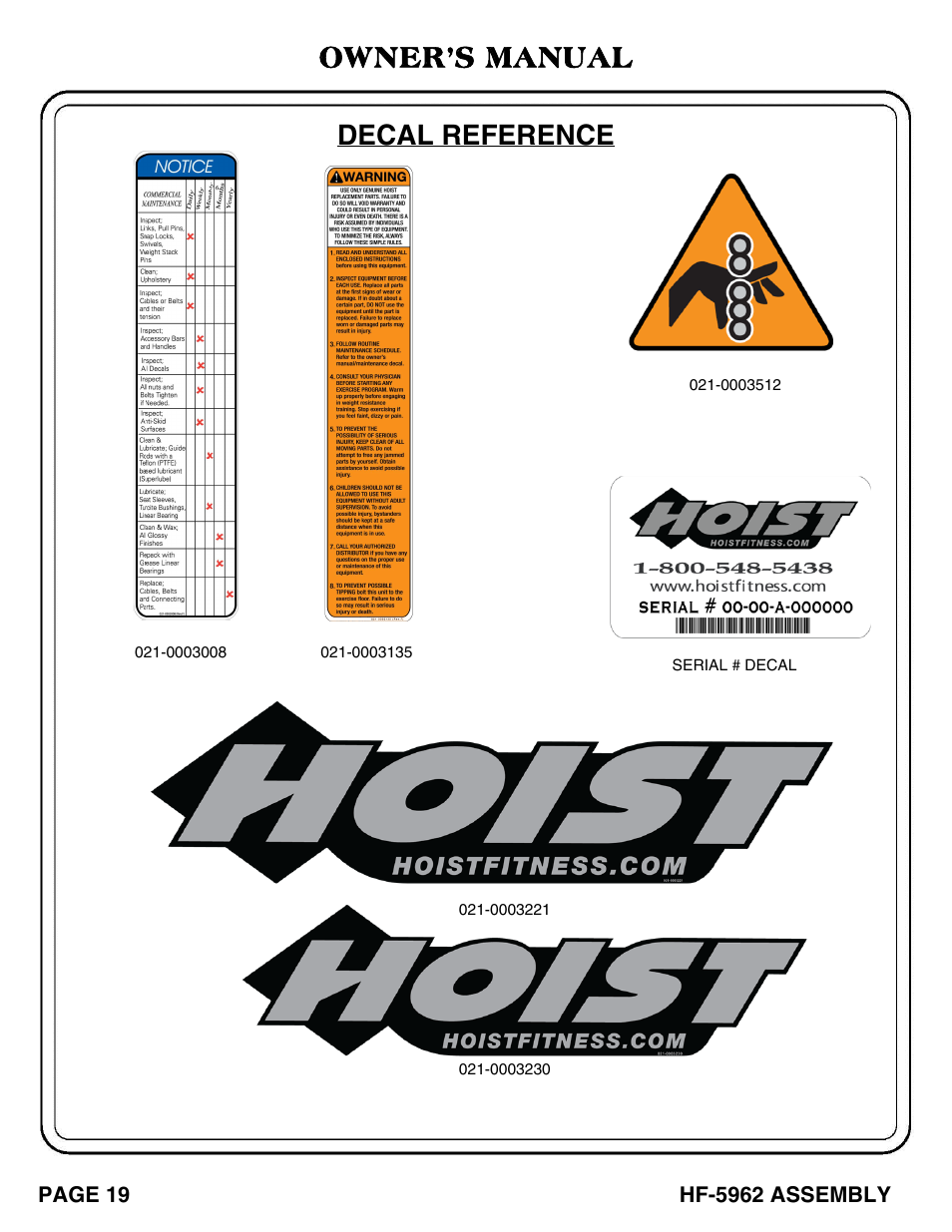 Owner’s manual, Decal reference | Hoist Fitness HF-5962 User Manual | Page 20 / 36