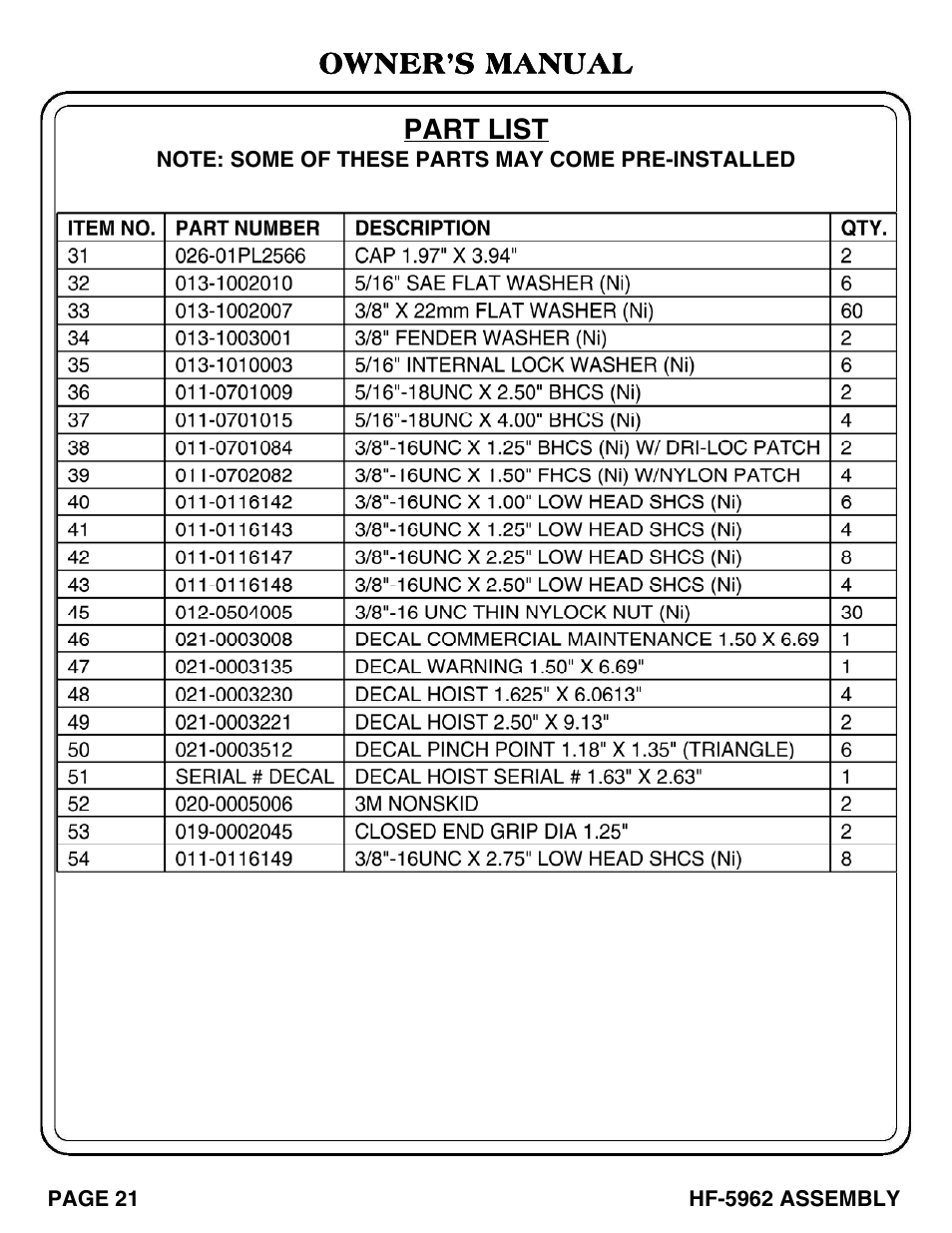 Part list, Owner’s manual | Hoist Fitness HF-5962 User Manual | Page 22 / 36