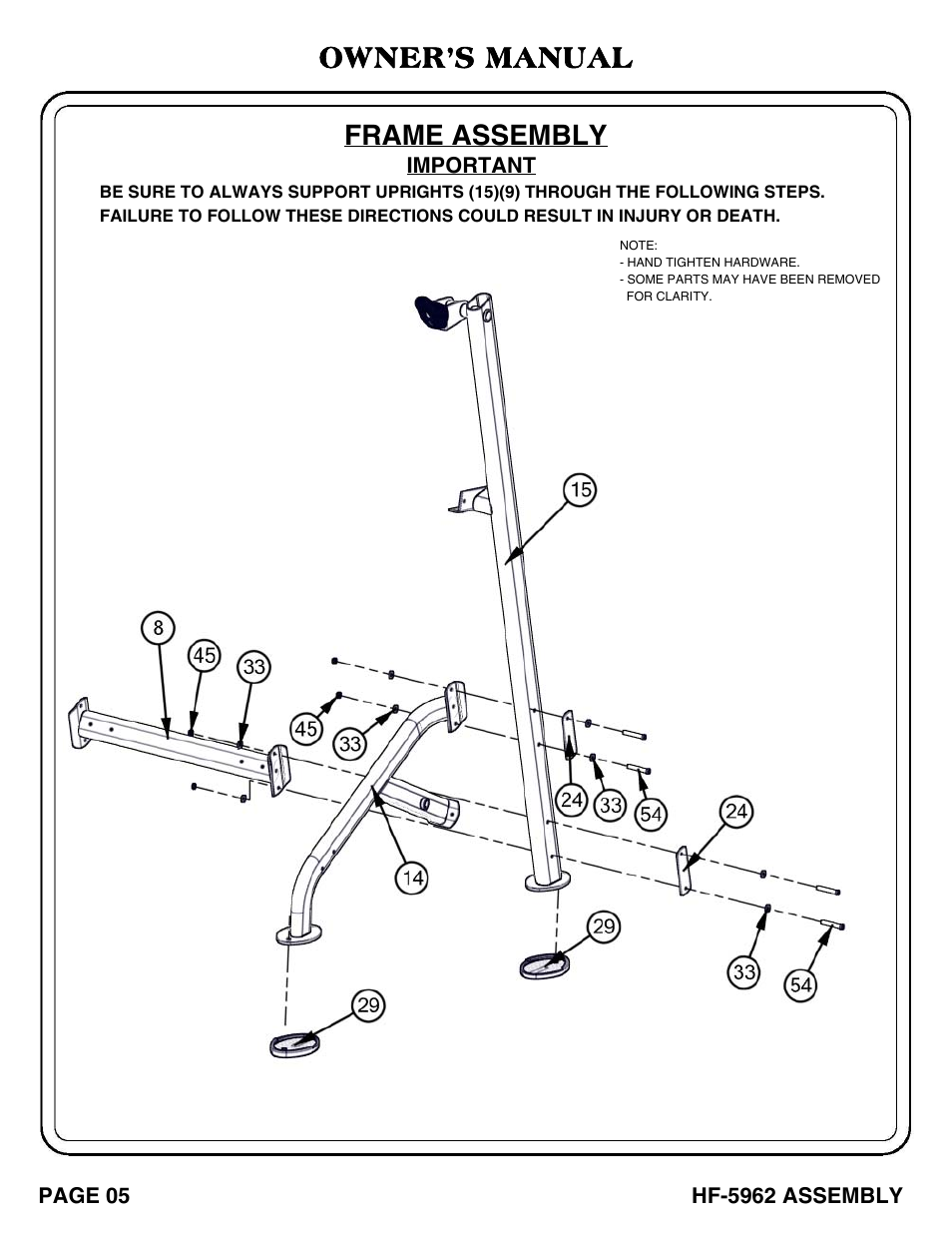 Owner’s manual frame assembly | Hoist Fitness HF-5962 User Manual | Page 6 / 36