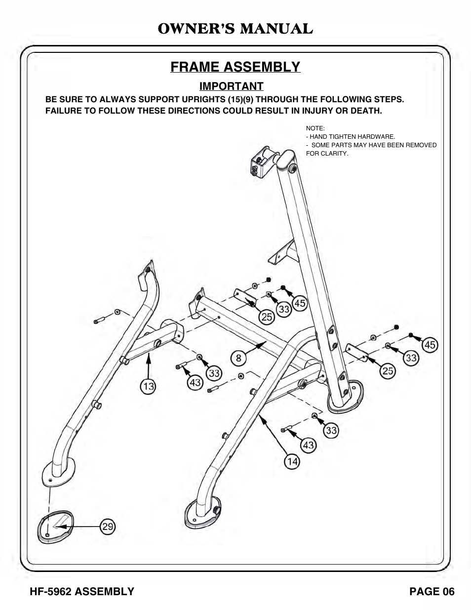 Owner’s manual frame assembly | Hoist Fitness HF-5962 User Manual | Page 7 / 36