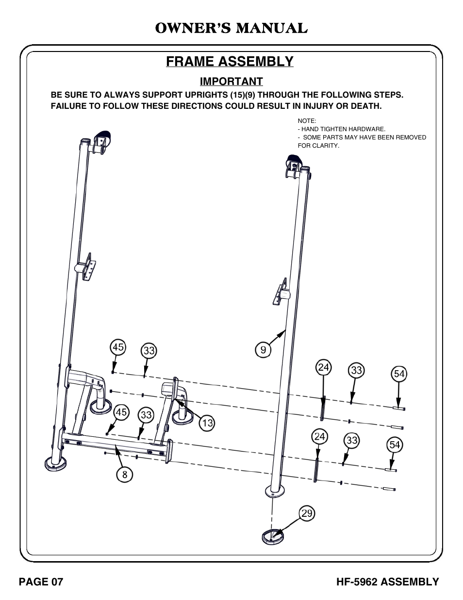 Owner’s manual frame assembly | Hoist Fitness HF-5962 User Manual | Page 8 / 36