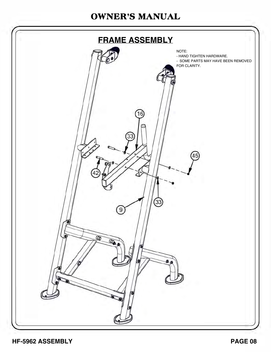 Owner’s manual frame assembly | Hoist Fitness HF-5962 User Manual | Page 9 / 36