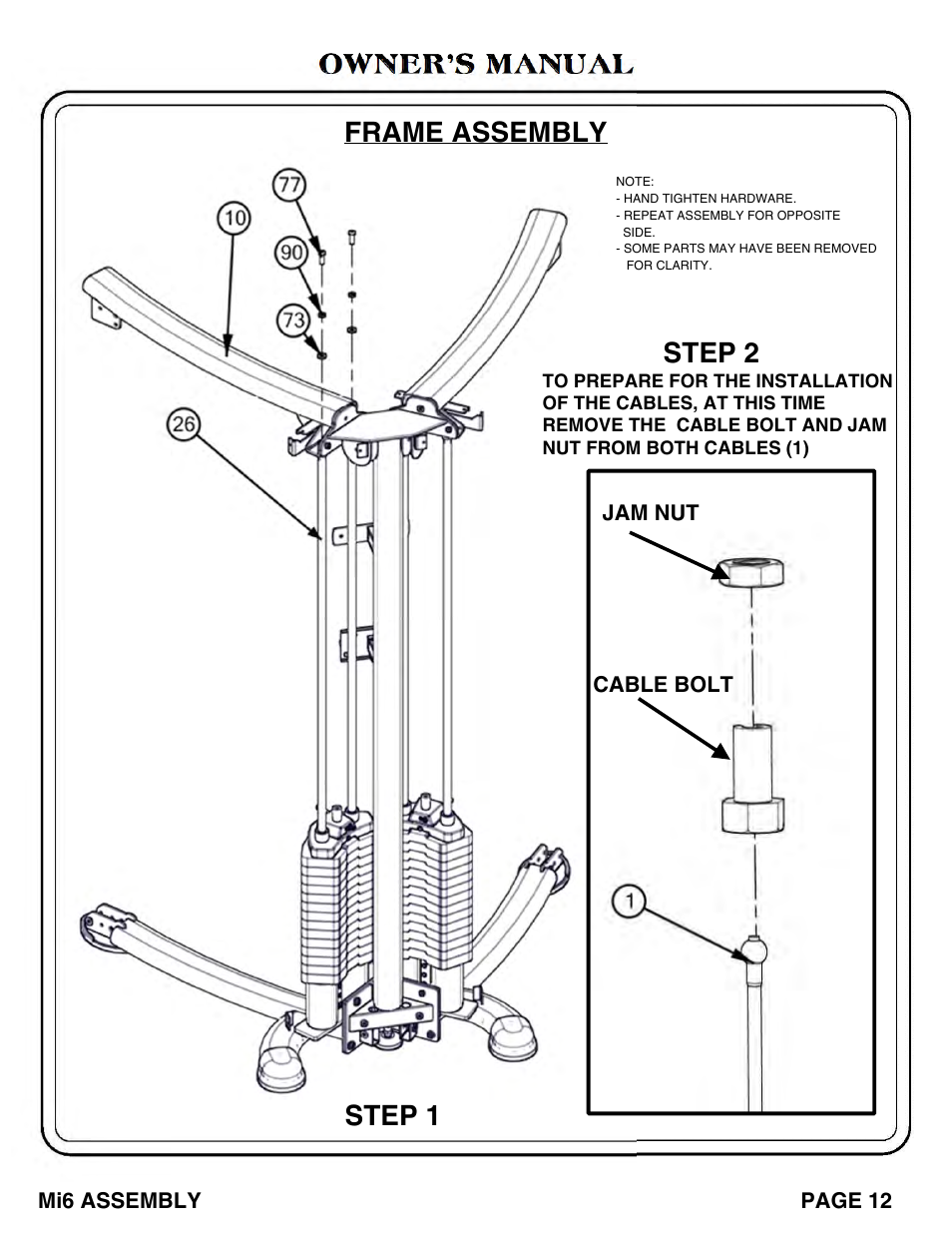 Owner’s manual, Frame assembly, Step 2 | Step 1 | Hoist Fitness Mi6 User Manual | Page 13 / 79