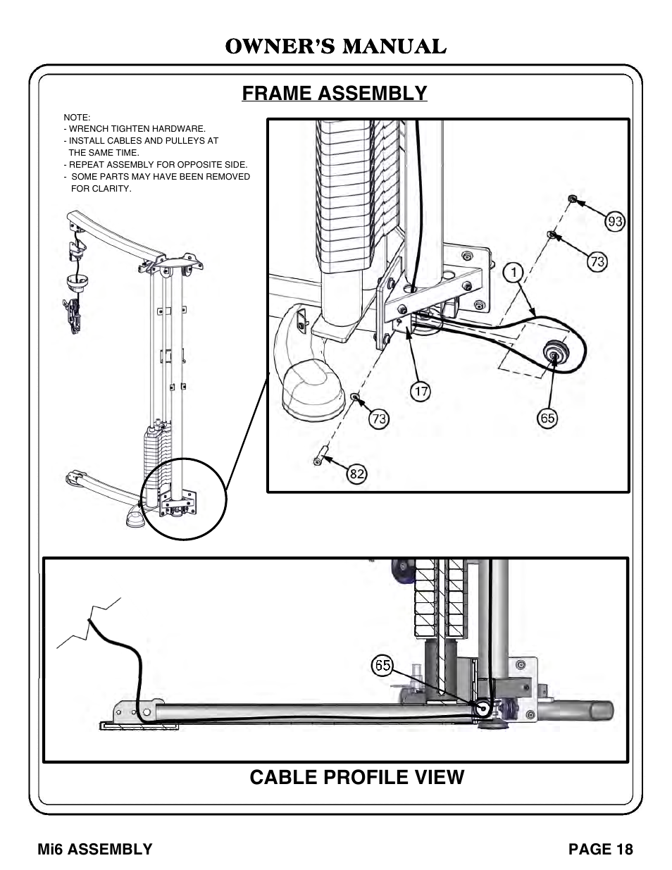 Frame assembly cable profile view, Owner’s manual | Hoist Fitness Mi6 User Manual | Page 19 / 79